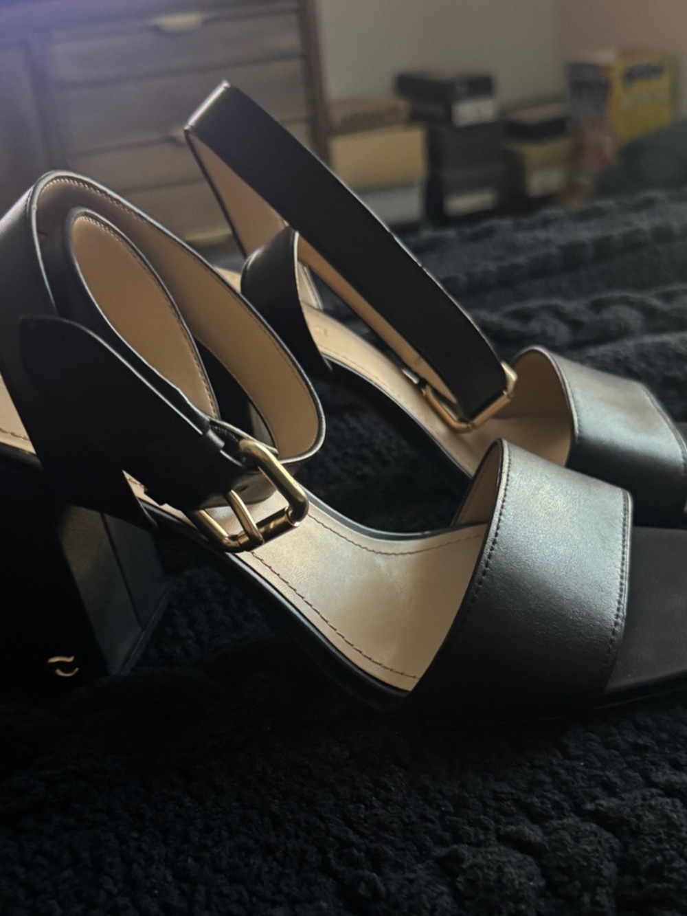 Coach Black Block Heel Sandals with Gold Buckle